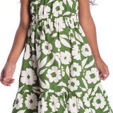 Vestido infantil tricoline maxi floral verde