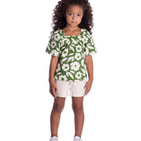 Conjunto infantil blusa tricoline maxi floral verde e shorts linho natural