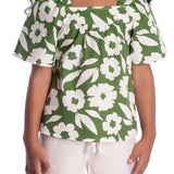 Conjunto infantil blusa tricoline maxi floral verde e shorts linho natural
