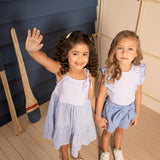 Vestido infantil 3 marias cotton e tricoline azul e branco