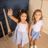 Conjunto infantil blusa cotton e shorts tecido azul