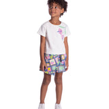 Conjunto infantil blusa cotton e shorts-saia tricoline selos tropicais roxo