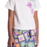Conjunto infantil blusa cotton e shorts-saia tricoline selos tropicais roxo