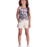 Conjunto infantil blusa tricoline selos tropicais roxo e shorts sarja ecológica