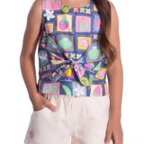Conjunto infantil blusa tricoline selos tropicais roxo e shorts sarja ecológica