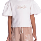 Conjunto infantil blusa cotton off-white e shorts piquet marro claro bordado