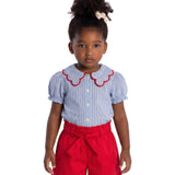 Conjunto infantil camisa tecido listrada azul e shorts tricoline vermelho