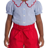 Conjunto infantil camisa tecido listrada azul e shorts tricoline vermelho