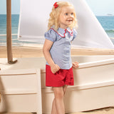 Conjunto infantil camisa tecido listrada azul e shorts tricoline vermelho