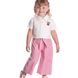 Conjunto infantil blusa polo malha texturizada off-white e calça tecido listrada vermelha