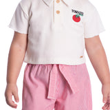 Conjunto infantil blusa polo malha texturizada off-white e calça tecido listrada vermelha