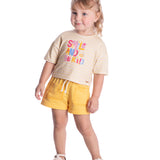 Conjunto infantil blusa cotton listrada amarela e shorts moletinho amarelo