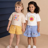 Conjunto infantil blusa cotton listrada amarela e shorts moletinho amarelo