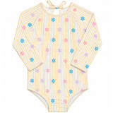 Maiô/body praia infantil malha UV listras e flores amarelo