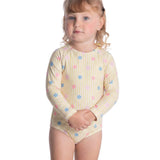 Maiô/body praia infantil malha UV listras e flores amarelo