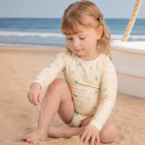Maiô/body praia infantil malha UV listras e flores amarelo