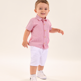 Conj. camisa manga curta listrada vermelha + bermuda sarja