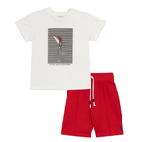 Conj. camiseta manga curta off white + bermuda vermelha