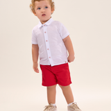Conj. camisa manga curta branca + bermuda linho vermelho