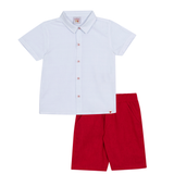 Conj. camisa manga curta branca + bermuda linho vermelho