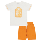 Conj. camiseta manga curta off white + bermuda amarela