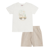 Conj. camiseta manga curta off white + bermuda linho bege