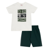 Conj. camiseta manga curta off white + bermuda verde