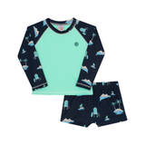 Conj. praia camiseta manga longa + sunga turquesa e marinho