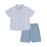 Conj. camisa manga curta xadrez + bermuda sarja azul