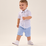 Conj. camisa manga curta xadrez + bermuda sarja azul