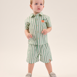 Conj. camisa manga curta listrado verde + bermuda linho