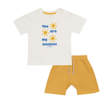 Conj. camiseta manga curta off white + bermuda saruel amarela