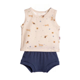 Conjunto bebê regata cotton estampada cachorro e tapa fralda suedine marinho
