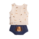 Conjunto bebê regata cotton estampada cachorro e tapa fralda suedine marinho