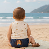 Conjunto bebê regata cotton estampada cachorro e tapa fralda suedine marinho
