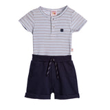 Conjunto bebê body malha canelada listrado azul e bermuda piquetom marinho