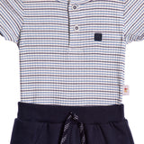 Conjunto bebê body malha canelada listrado azul e bermuda piquetom marinho