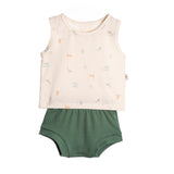 Conjunto bebê regata cotton estampada dinos e tapa fralda suedine verde