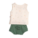 Conjunto bebê regata cotton estampada dinos e tapa fralda suedine verde