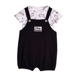Conjunto bebê body suedine estampado e jardineira malha texturizada preta