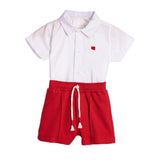 Conjunto bebê body camisa tecido linho off-white e bermuda piquetom vermelho