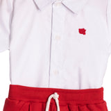 Conjunto bebê body camisa tecido linho off-white e bermuda piquetom vermelho