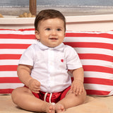 Conjunto bebê body camisa tecido linho off-white e bermuda piquetom vermelho