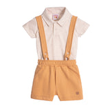 Conjunto bebê body piquet linho e bermuda com suspensório piquetom caramelo