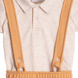 Conjunto bebê body piquet linho e bermuda com suspensório piquetom caramelo