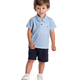Conjunto infantil polo malha piquet azul e bermuda linho marinho