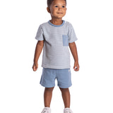 Conjunto infantil camiseta listrada azul e bermuda malha tricô azul
