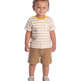 Conjunto infantil camiseta suedine listrado e bermuda linho bege
