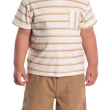 Conjunto infantil camiseta suedine listrado e bermuda linho bege