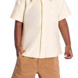 Conjunto infantil camisa malha sarjada bege claro e bermuda sarja com elastano marrom claro